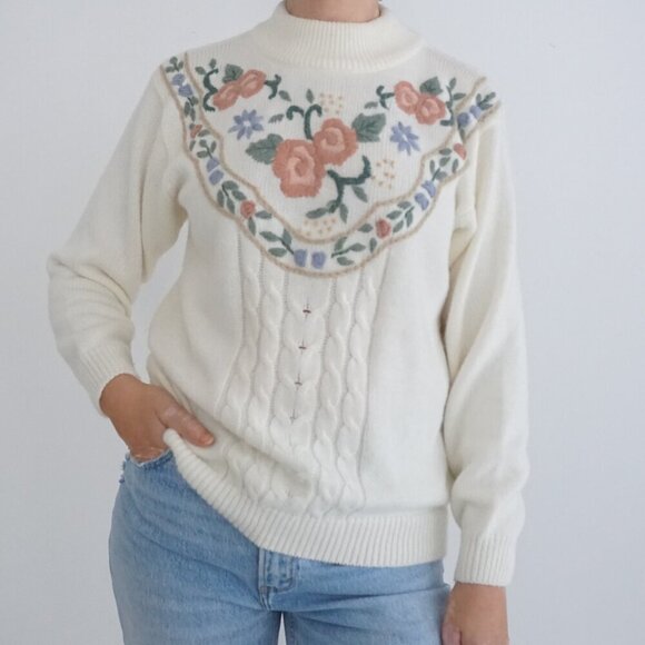 Vintage Alfred Dunner Cream w Embroidered Floral Fine Knit Mock Sweater S - Picture 1 of 12